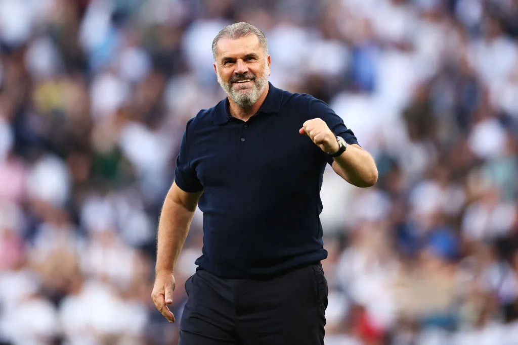 Tottenham manager, Ange Postecoglou celebrates following the victory over Premier League rival Manchester United