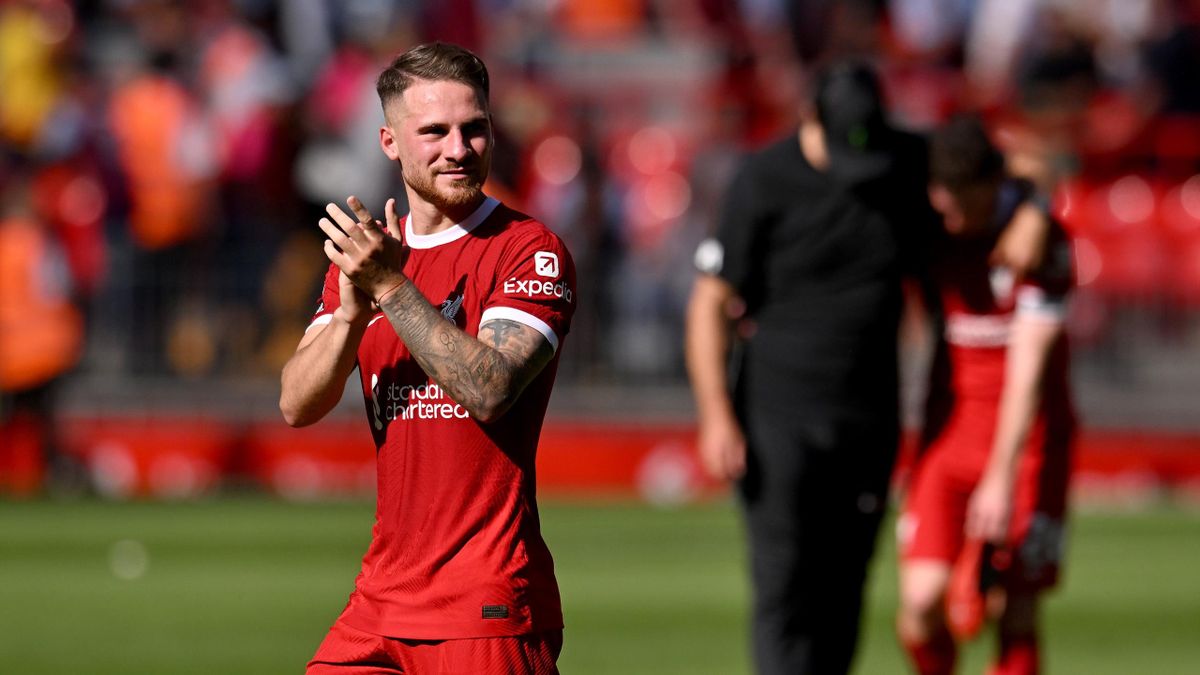 Alexis Mac Allister of Liverpool showing his appreciation to the fans at the end of the Premier League match