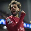 Mohamed Salah of Liverpool FC celebrates scoring his third goal during the UEFA Champions League group A match between Rangers FC and Liverpool FC at Ibrox Stadium