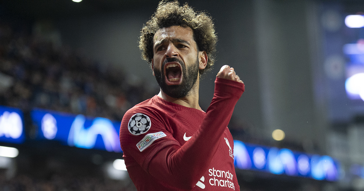 Mohamed Salah of Liverpool FC celebrates scoring his third goal during the UEFA Champions League group A match between Rangers FC and Liverpool FC at Ibrox Stadium