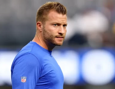 Head coach Sean McVay of the Los Angeles Rams watches warm up of the players prior to a game