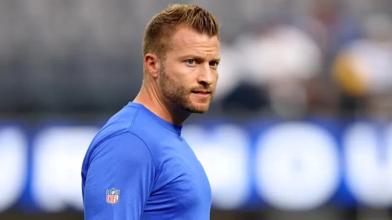 Head coach Sean McVay of the Los Angeles Rams watches warm up of the players prior to a game