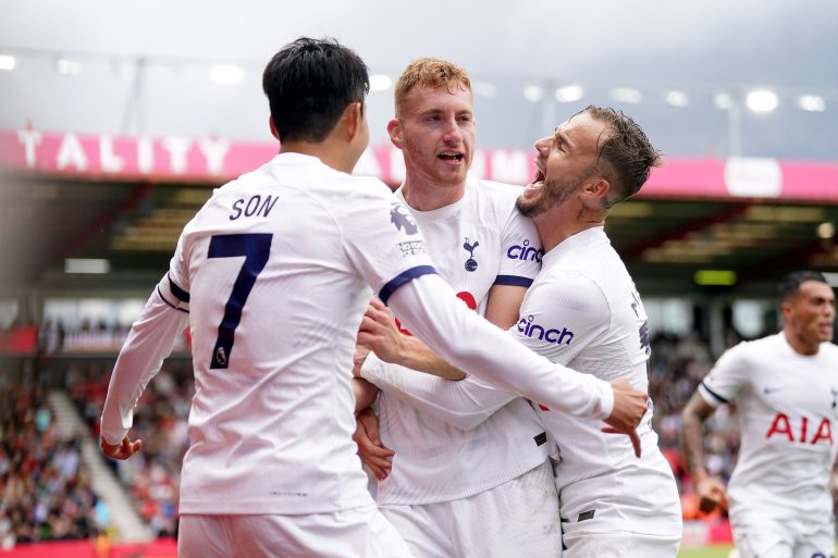 Dejan Kulusevski , Son Heung Min and James Maddison celebrate scoring for Tottenham Hotspurs