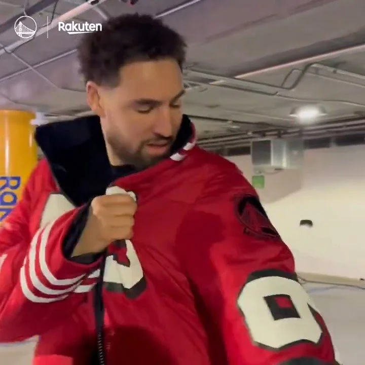 Klay Thompson Sports Kristin Juszczyk's Custom 49ers Jacket at Warriors Game