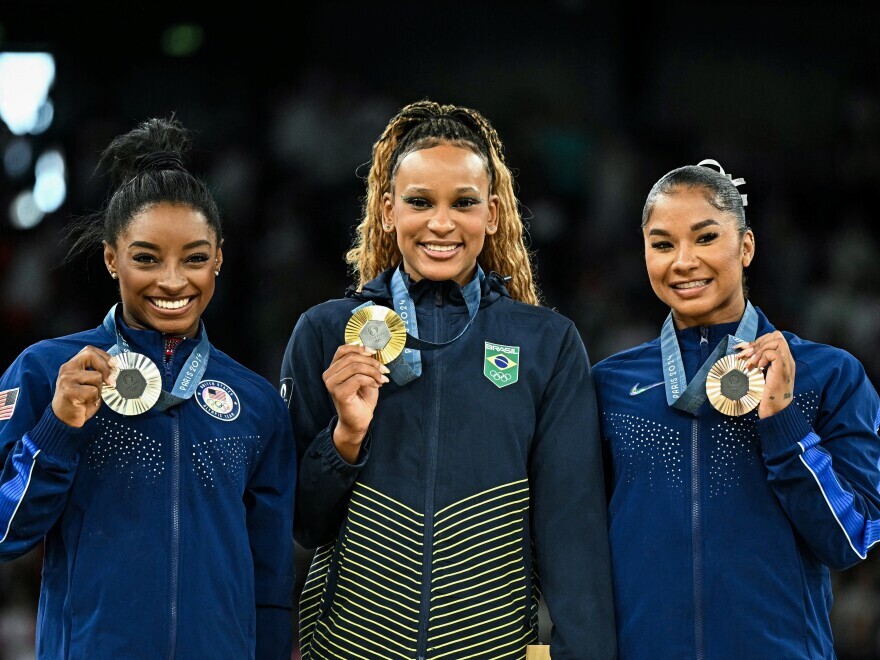 Historic Podium at Paris 2024 as Simone Biles Jordan Chiles and Rebeca Andrade Shine in Women's Floor Exercise