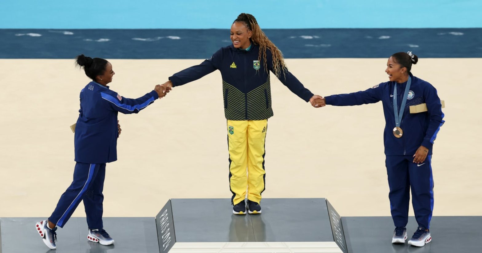 Historic Podium at Paris 2024 as Simone Biles Jordan Chiles and Rebeca Andrade Shine in Women's Floor Exercise