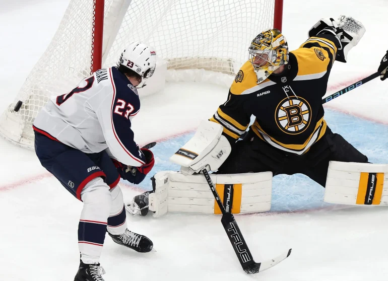 Swayman Shuts Out Blue Jackets in Bruins’ 4-0 Win, Pastrnak Adds Breakaway Goal