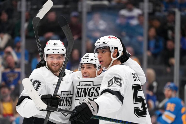Trevor Moore Returns Scores 100th Goal Lifts Kings Past Blues in Shootout Win